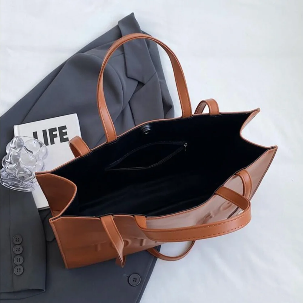 Leather Tote Bag With Pure Color & Letter Design - Picture 2 of 9